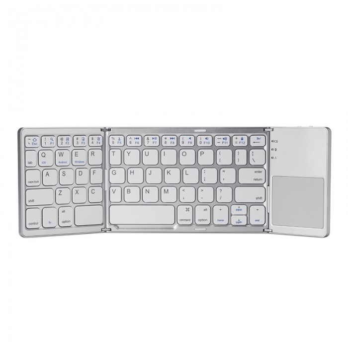 Foldable Wireless Keyboard Bluetooth Rechargeable BT Touchpad Keypad for IOS/Android/Windows ipad Tablet - Silver