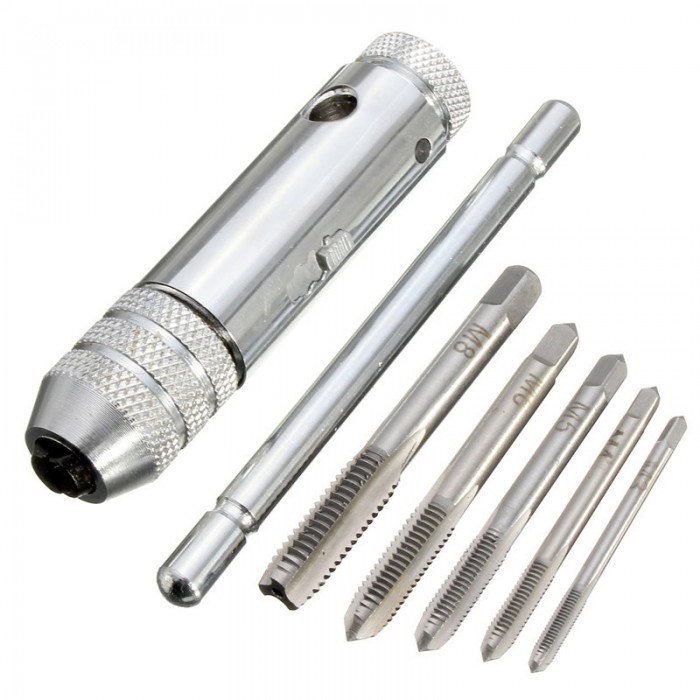 M3-M8 T-Handle Ratchet Tap Wrench with 5pcs Machine Screw Thread Metric Plug Taps Machinist Tool Set Silver